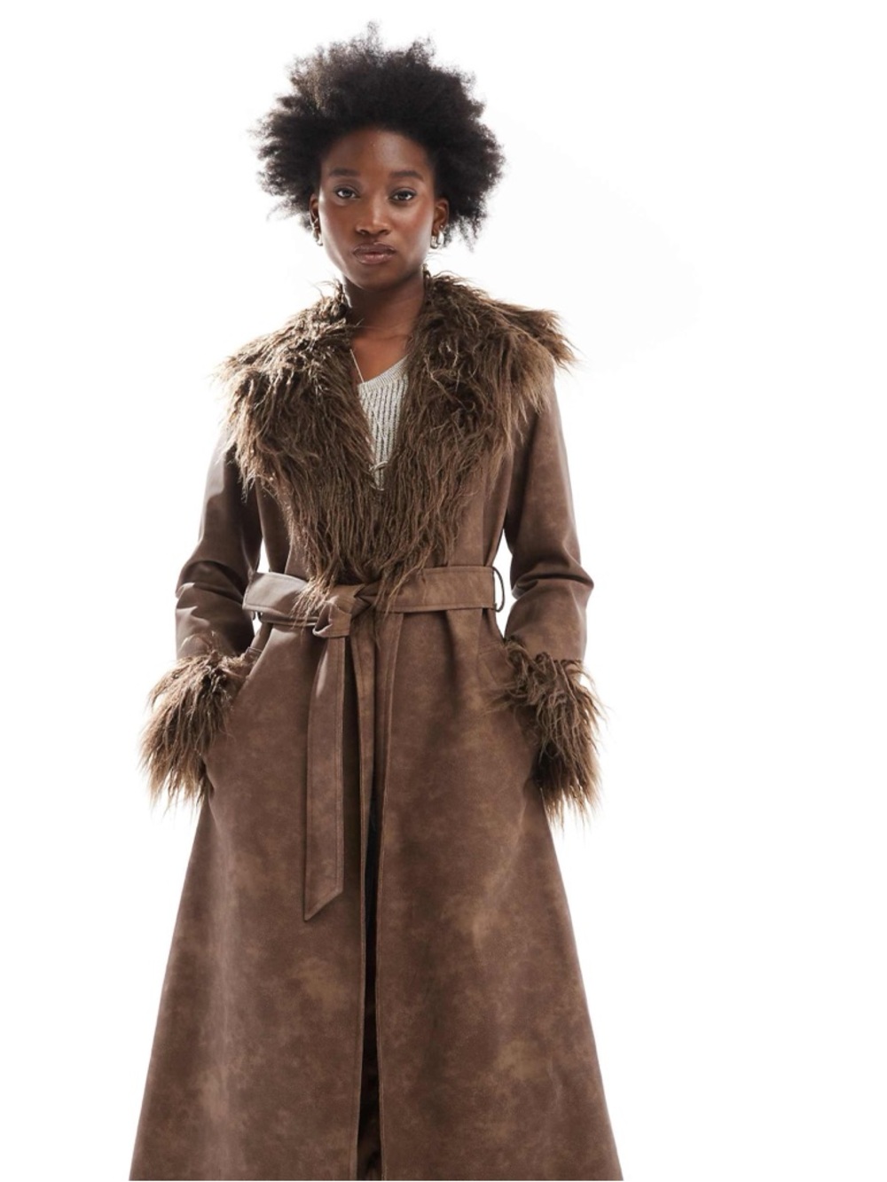 Reclaimed Vintage Brown Faux-Suede Trench Coat with Faux-Fur Trim